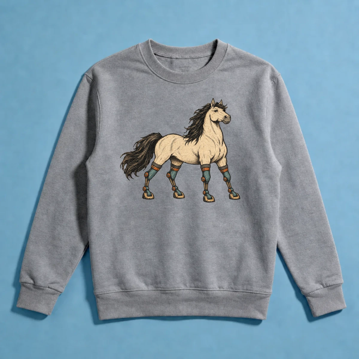 Dört Protez Bacaklı At – Absürt Vintage İllüstrasyon Sweatshirt