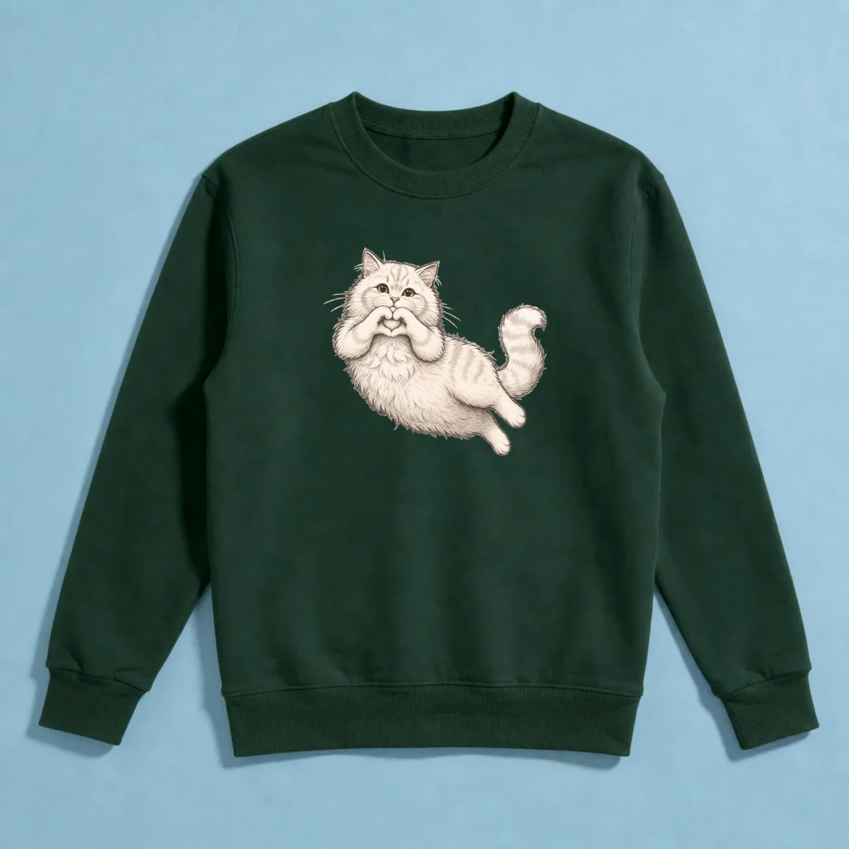 Kalp Yapan Pofuduk Kedi – Sevimli El Çizimi İllüstrasyon Sweatshirt