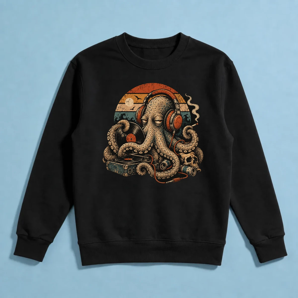 DJ Ahtapot – Retro Müzik ve Absürt Mizah İllüstrasyonu Sweatshirt