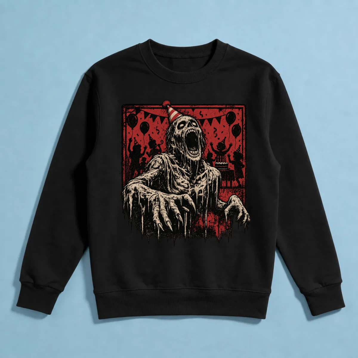 Zombi Doğum Günü Partisi – Retro Korku ve Kara Mizah Tasarımı Sweatshirt
