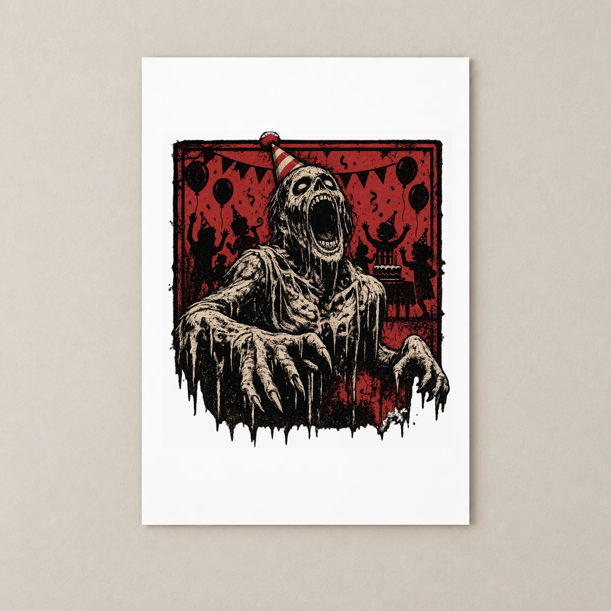 Zombi Doğum Günü Partisi – Retro Korku ve Kara Mizah Tasarımı Poster