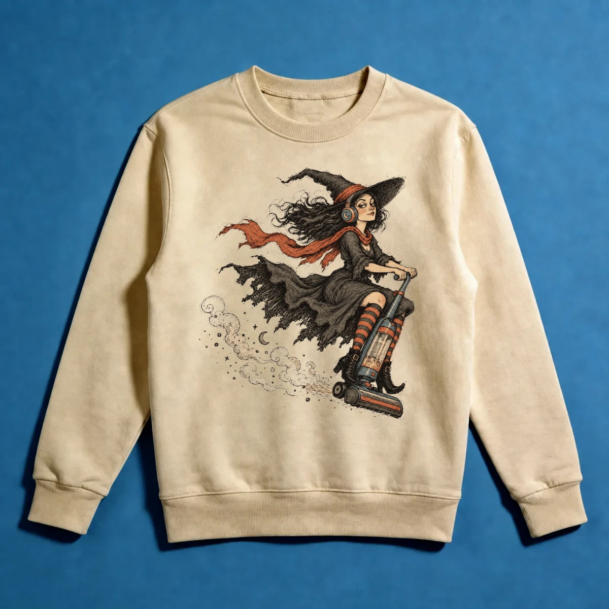 Elektrikli Süpürgeli Cadı – Retro Halloween ve Absürt Cadı Tasarımı Sweatshirt