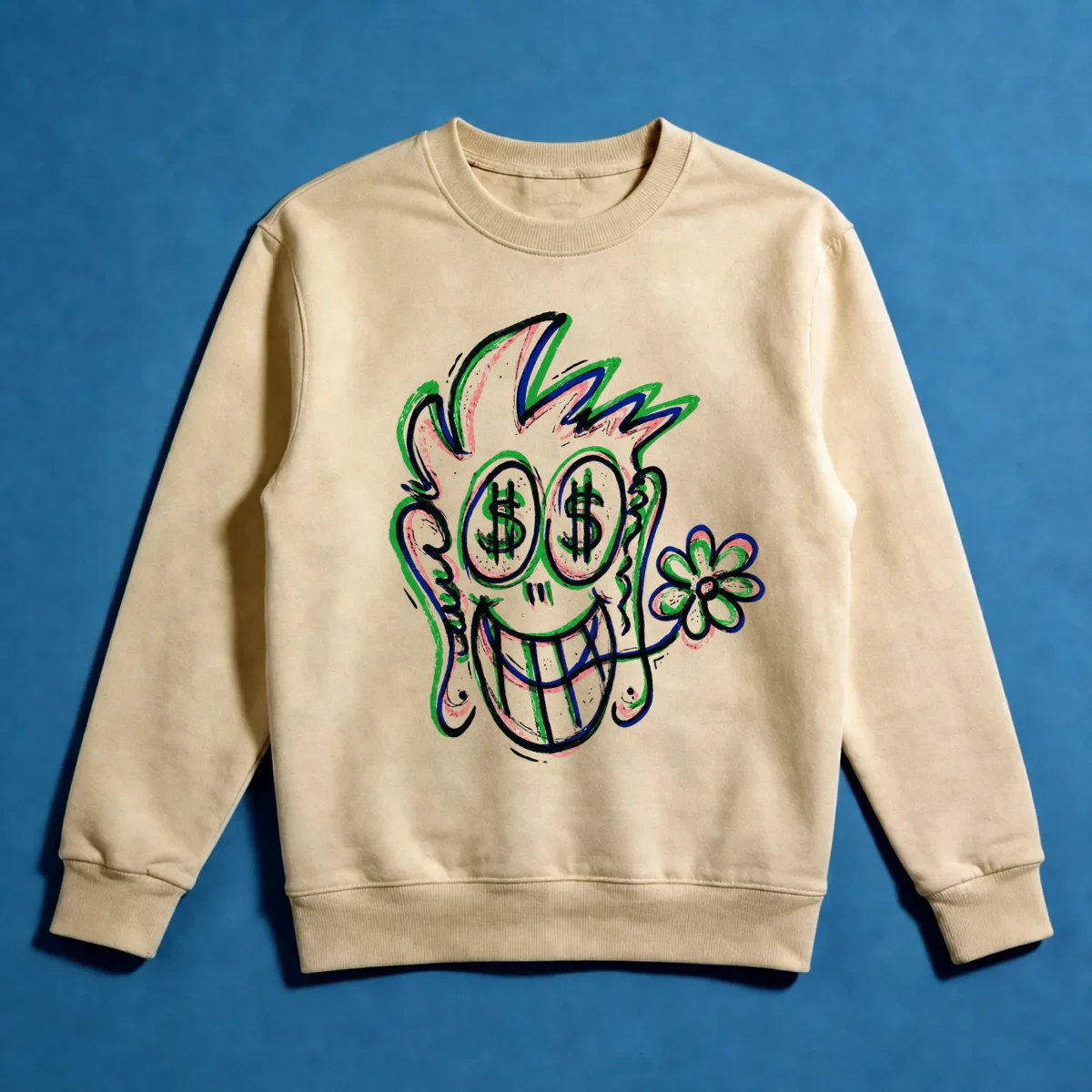 Para Gözlü Sırıtkan – Absürt El Çizimi ve Kaotik Karakter Tasarımı Sweatshirt