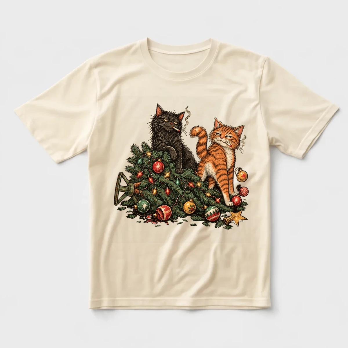 Yılbaşı Kaosu – Yaramaz Kediler, Vintage Kara Mizah ve Komik Kedi Tasarımı Regular Tişört