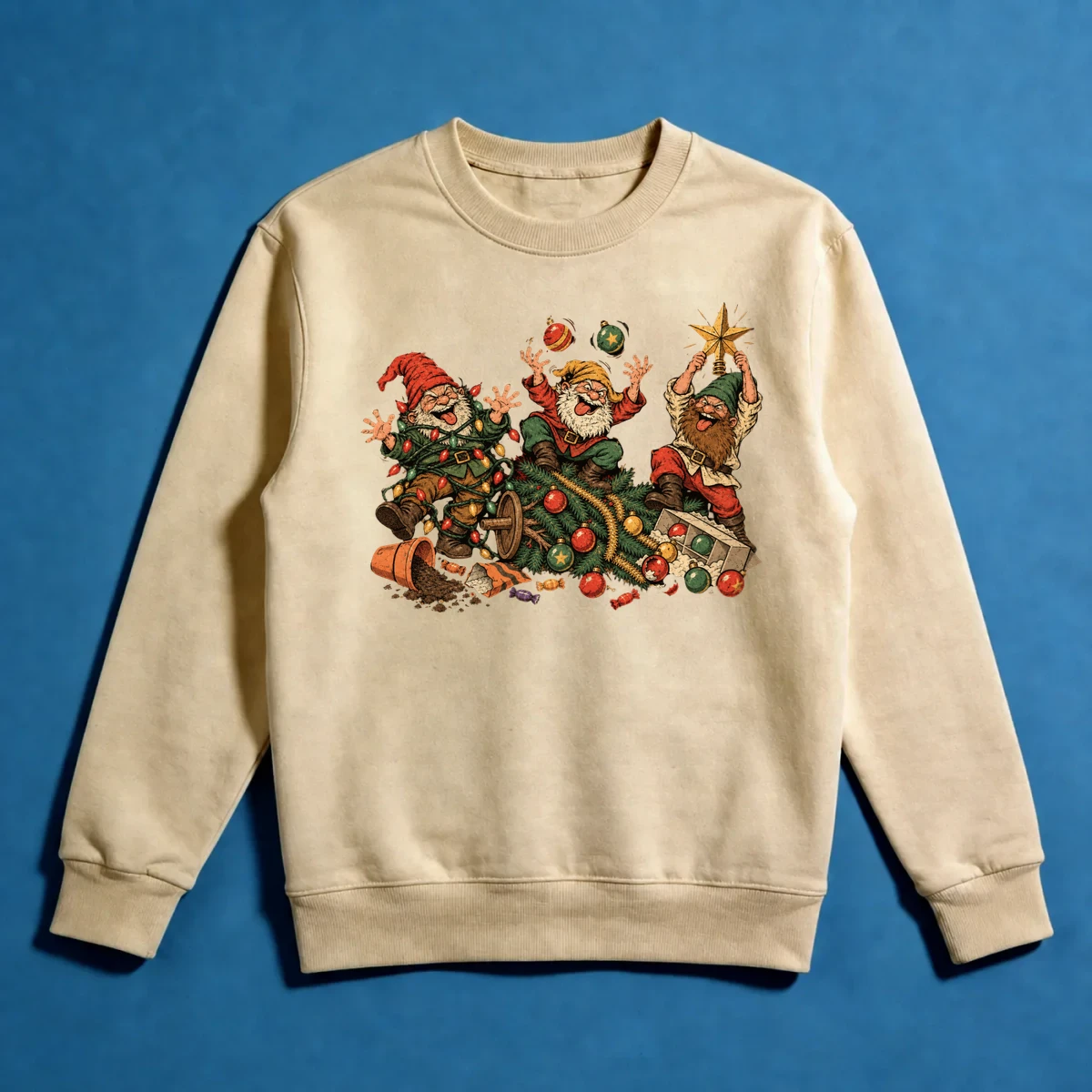 Yılbaşı Felaketi – Yaramaz Noel Cüceleri ve Vintage Absürt Mizah Sweatshirt