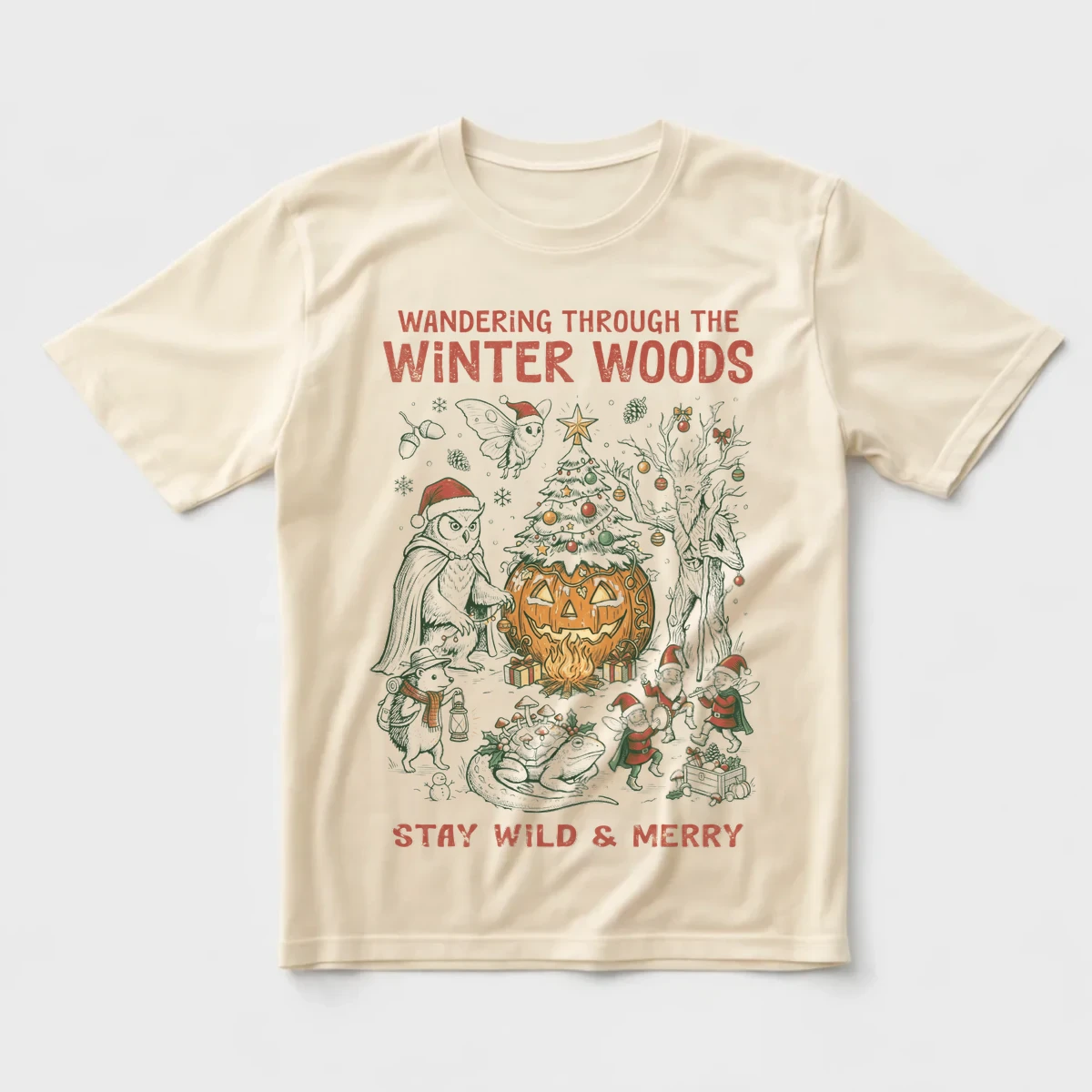Kış Ormanında Noel – Stay Wild & Merry Fantastik Vintage Tasarım Regular Tişört