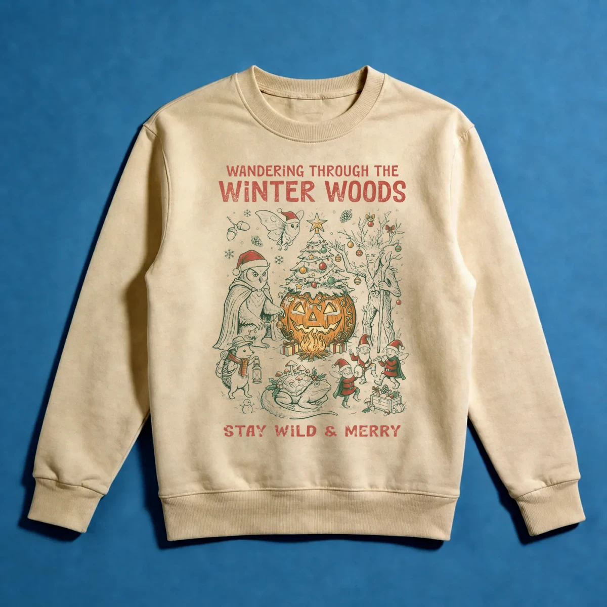 Kış Ormanında Noel – Stay Wild & Merry Fantastik Vintage Tasarım Sweatshirt