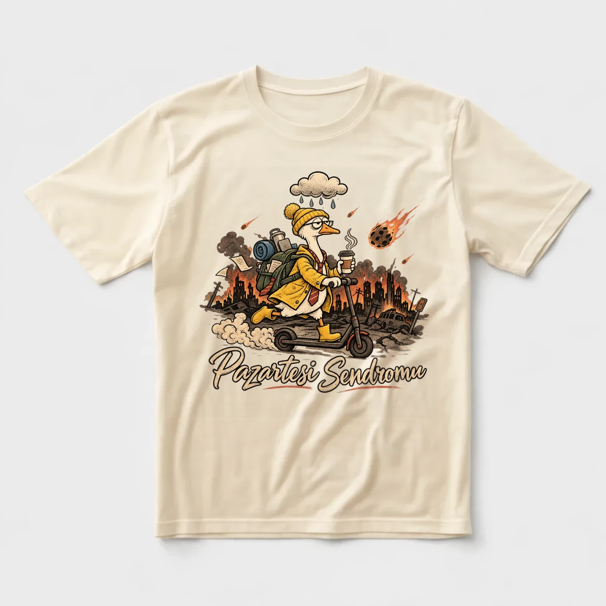 Pazartesi Sendromu – Scooterlı Kaz, Kıyamet Temalı Retro Kara Mizah Tişörtü Regular Tişört