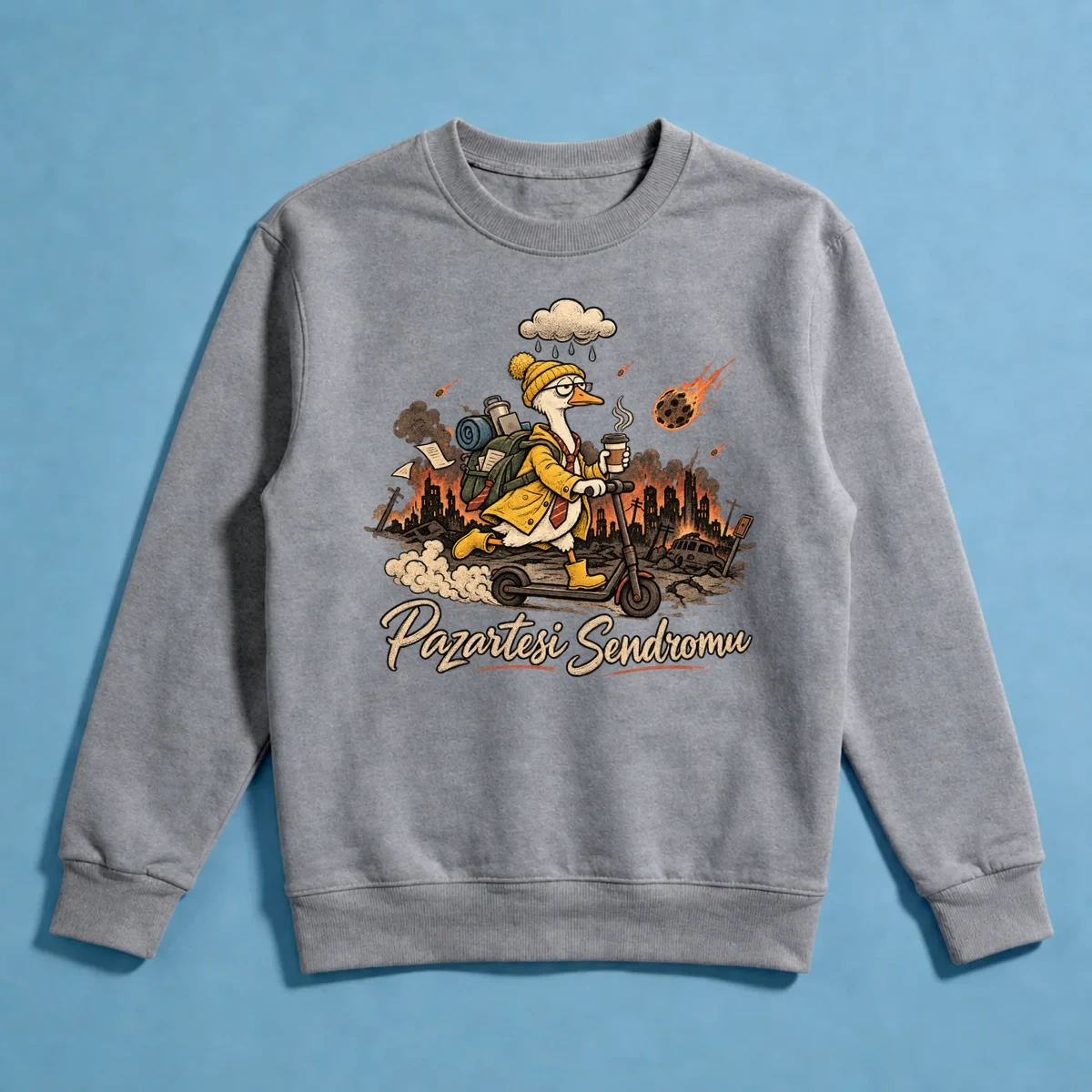 Pazartesi Sendromu – Scooterlı Kaz, Kıyamet Temalı Retro Kara Mizah Tişörtü Sweatshirt
