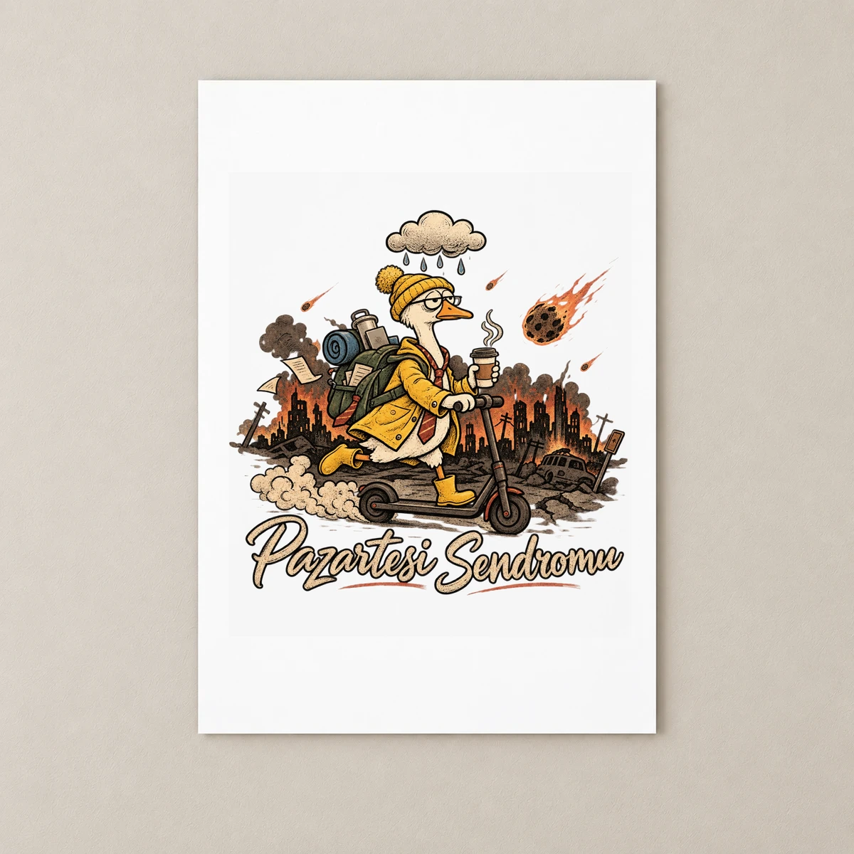 Pazartesi Sendromu – Scooterlı Kaz, Kıyamet Temalı Retro Kara Mizah Tişörtü Poster